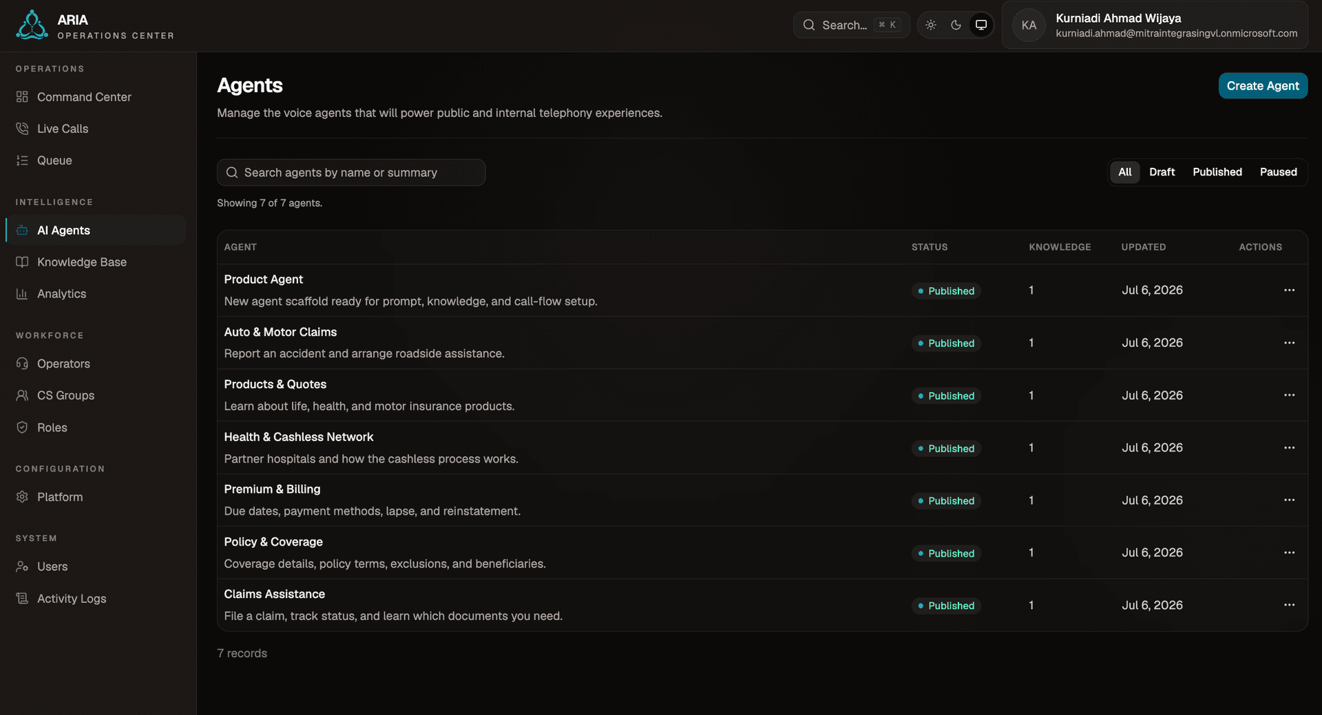 ARIA Agents Config Page