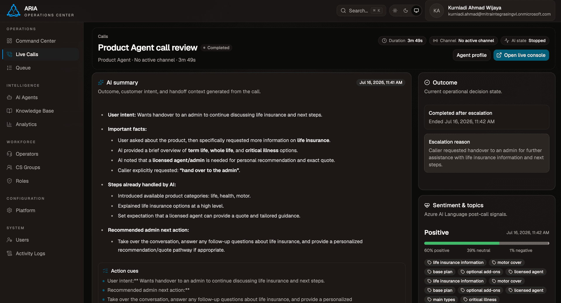 ARIA Admin Call Summary Page