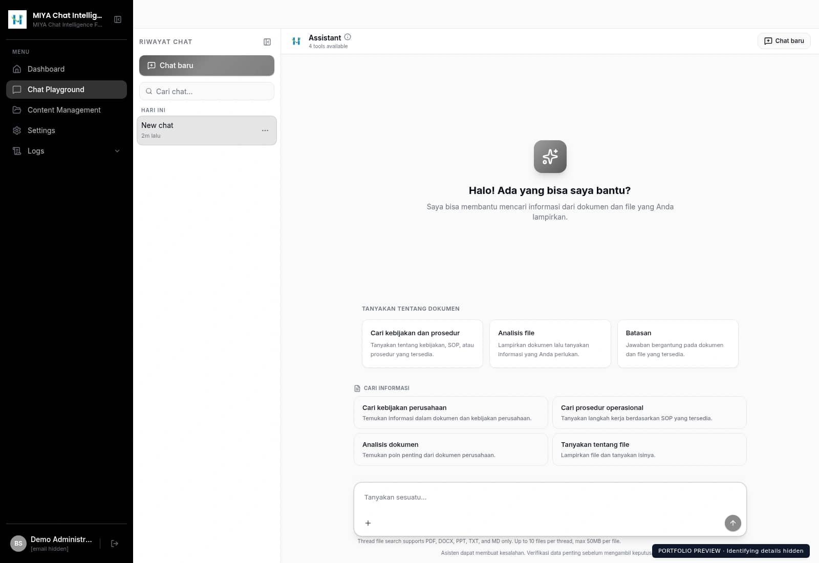 Ruang percakapan MIYA Chat Intelligence